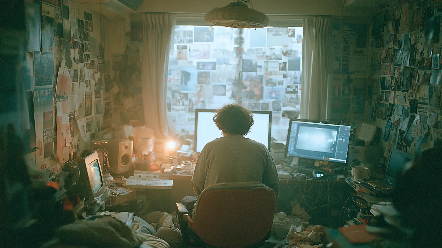 資料とモニターに囲まれた制作空間