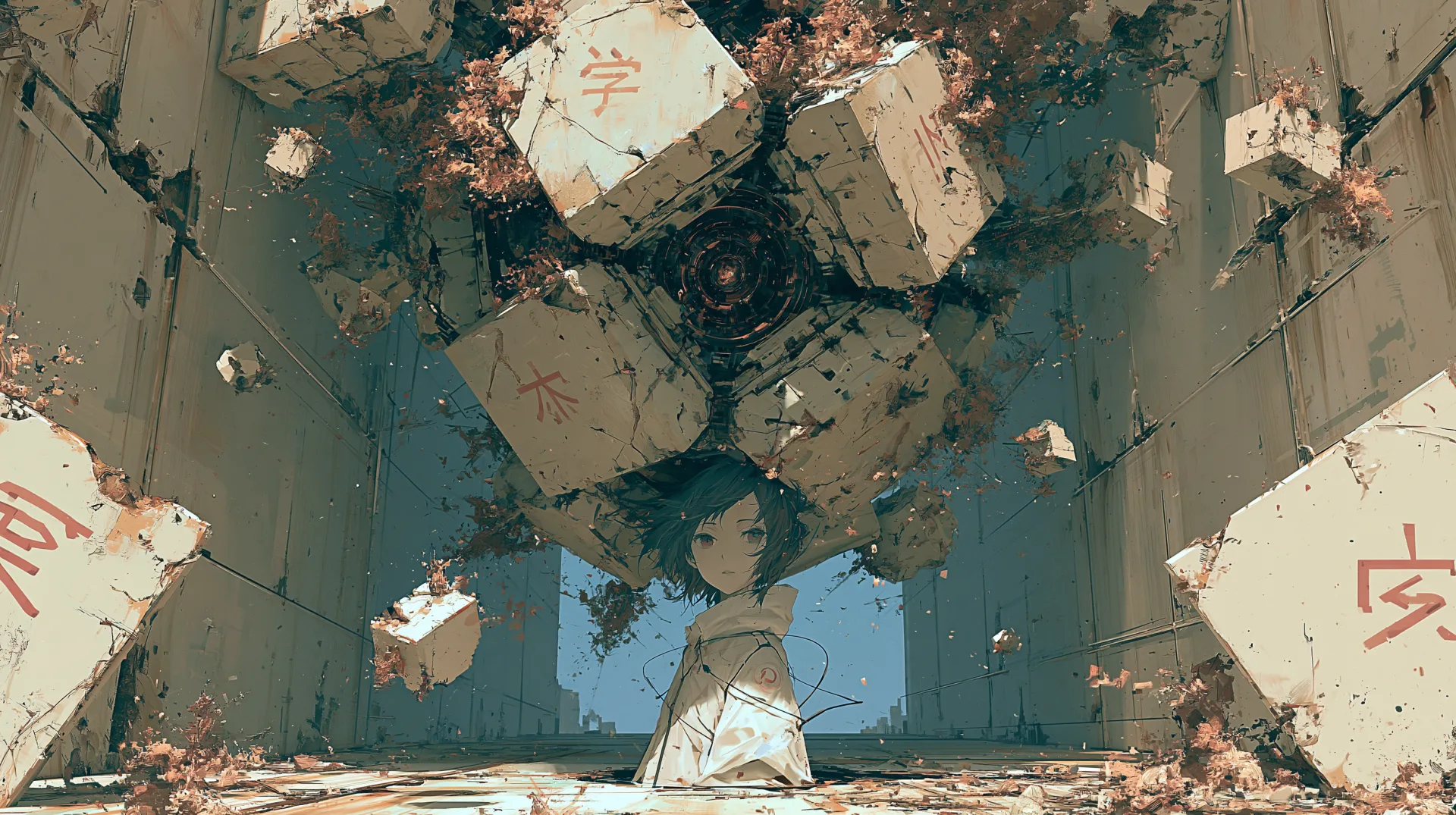 断片的な紙と空間に佇む人物